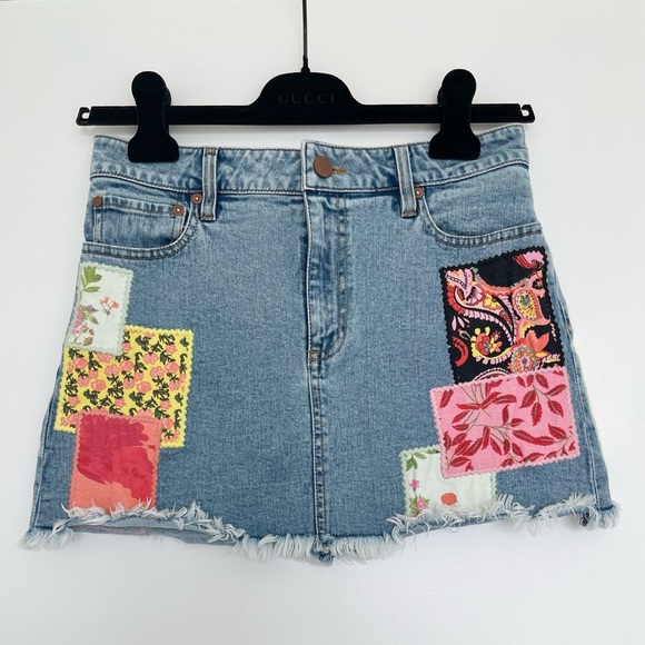 Alice + Olivia Route 66 High-Rise Patchwork Denim Mini Skirt